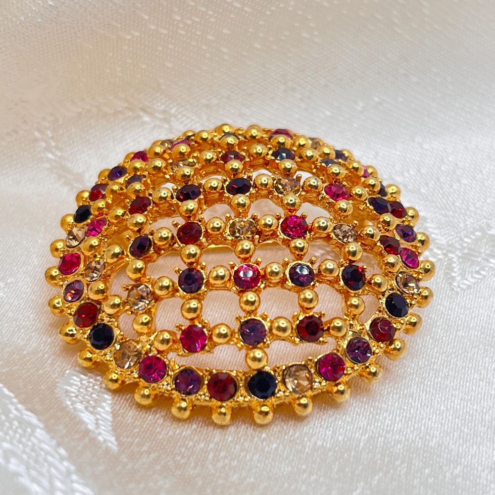 Vintage 2" Circle Dome w/ Red Pink Purple Rhinestone Gold Tone Metal Brooch